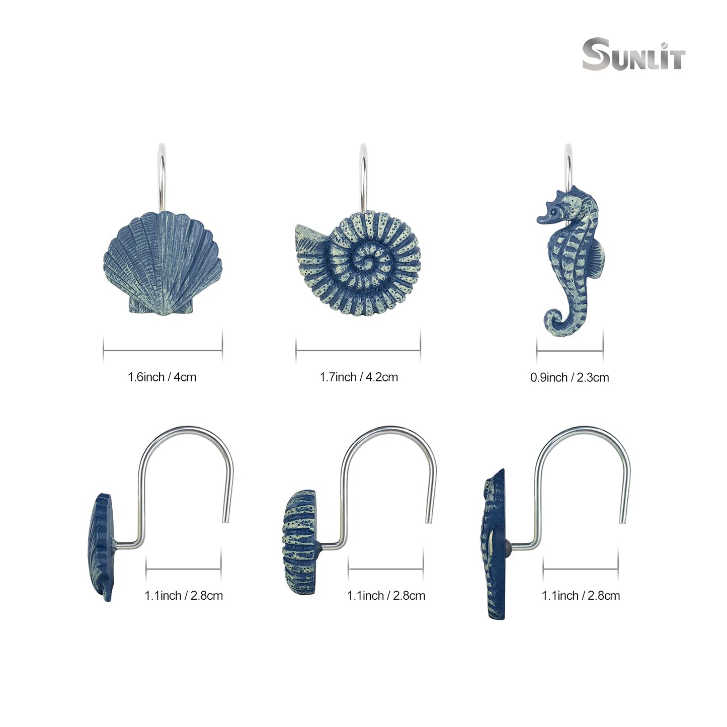 Sunlit Seashells Decorative Shower Curtain Hooks, Blue Ocean Creatures Coastal Shower Curtain Rings with Black Hooks, Resin, Nautical Bathroom Decoration Beach Shower Curtain Hooks, Set of 12