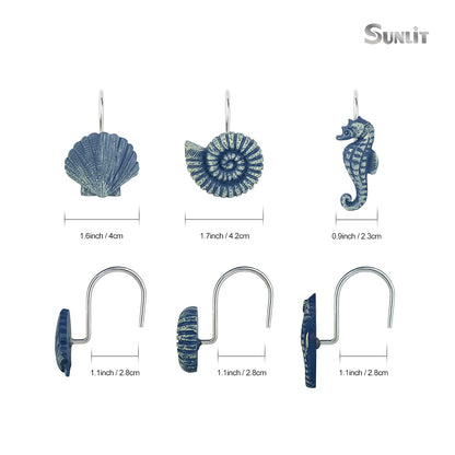 Sunlit Seashells Decorative Shower Curtain Hooks, Aqua Blue Ocean Creatures Coastal Shower Curtain Rings with Black Hooks, Resin, Nautical Bathroom Decoration Beach Shower Curtain Hooks, Set of 12