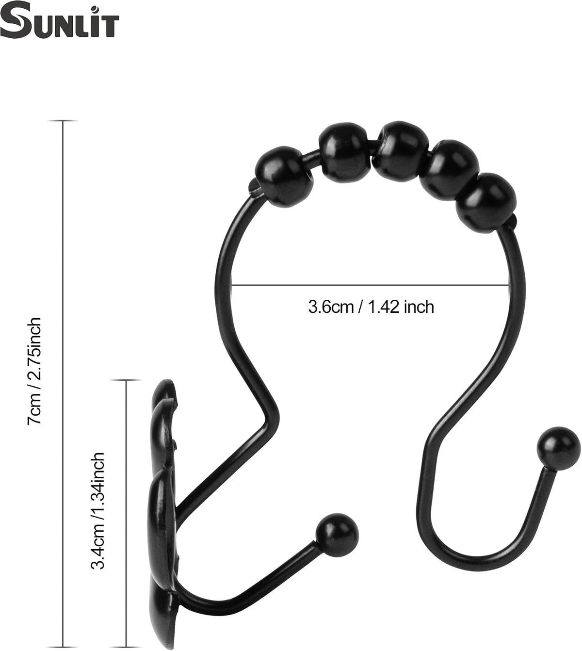 Sunlit Fashion Design Cute Paw Print Polished Double Shower Curtain Hooks for Dog Cat and Bear, Rust Proof Oil Metal Shower Curtain Rings, Black-12 Pack
