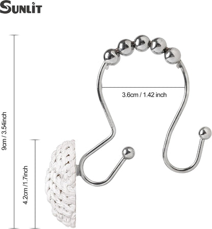 Sunlit Boho Knots Double Shower Curtain Hooks, Home Decorative White Shower Curtain Rings for Bathroom, Seaside Nautical Shower Curtain Hangers Bathroom Accessories, Set of 12