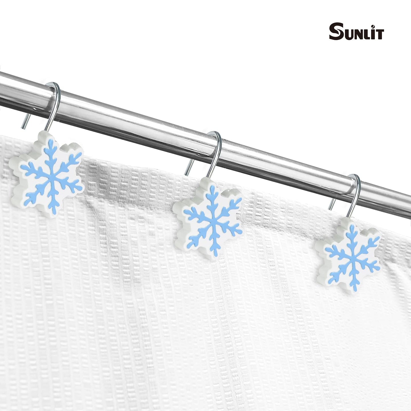 Sunlit Christmas Shower Curtain Hooks Silver Snowflakes Shower Curtain Rings, Resin, White Christmas Decor, Winter Bathroom Decoration - 12 Pack