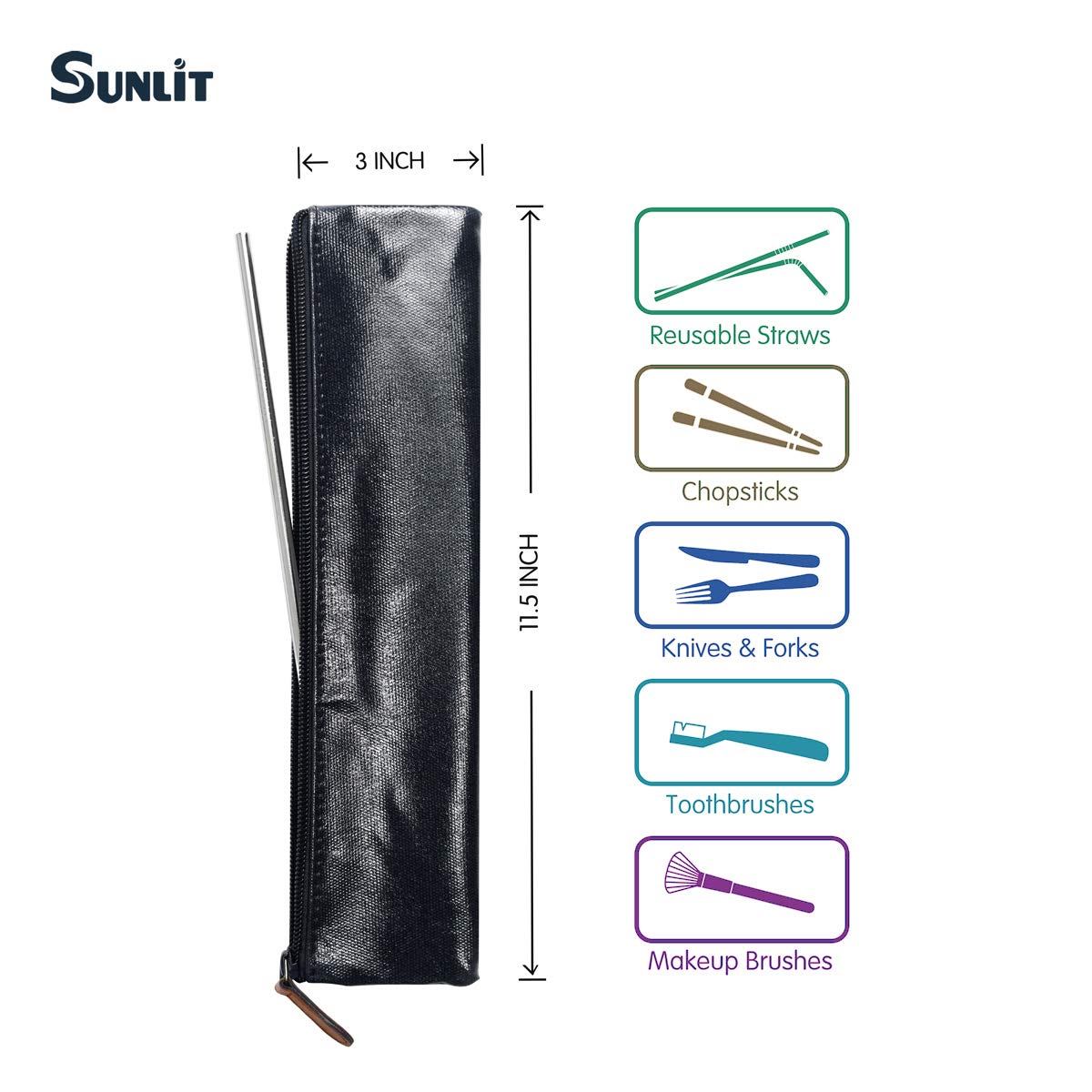 Sunlit 100% Waterproof Wipe Clean Hygienic Carrying Case/Pouch for Reusable Straws - 2 set - For 10.5 inches Straws Silicone or Stainless Steel - Brush/Chopsticks Zipper Bag for Travel