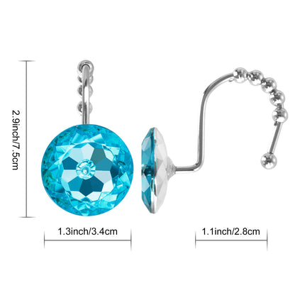 Sunlit Luxury Design Round Clear Diamond Crystal Gem Bling with Glide Balls Double Shower Curtain Hooks, Rust Proof Metal Rhinestones Glam Shower Curtain Rings-12 Pack