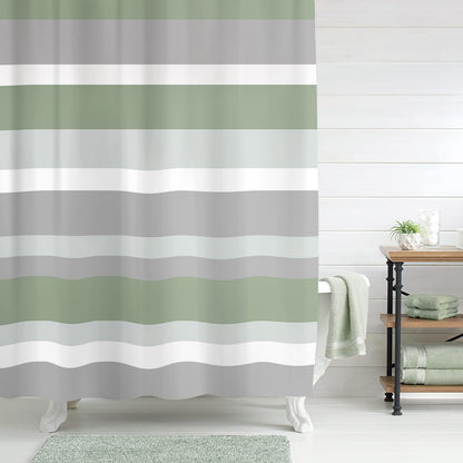 Sunlit Aqua Blue Gray Horizontal Stripes Water-Repellent Fabric Shower Curtain with Reinforced Metal Grommets Refreshing Striped Design Bathroom Decor