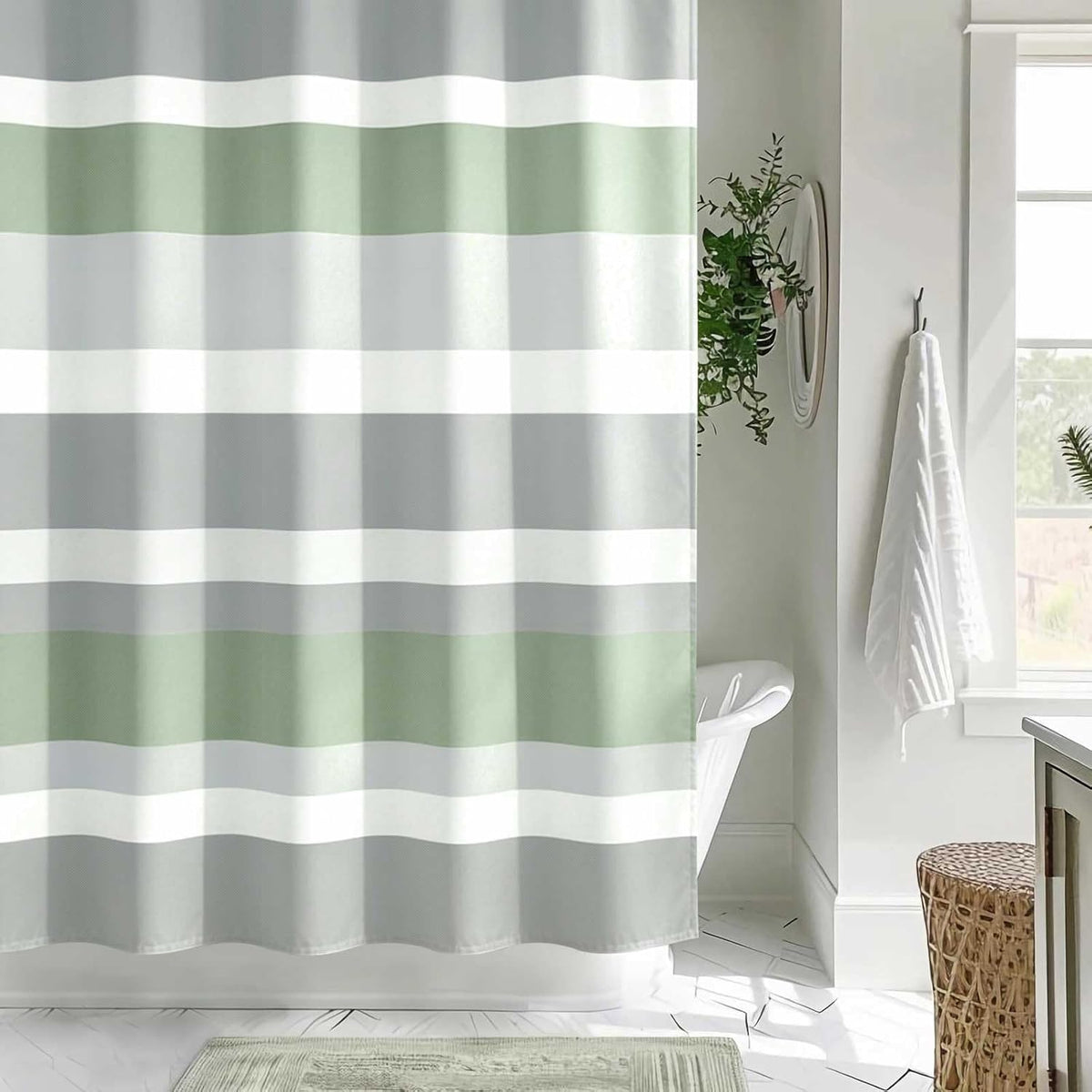 Sunlit Sage Green Gray Horizontal Stripes Water-Repellent Fabric Shower Curtain with Reinforced Metal Grommets Refreshing Striped Design Bathroom Decor, 72x72