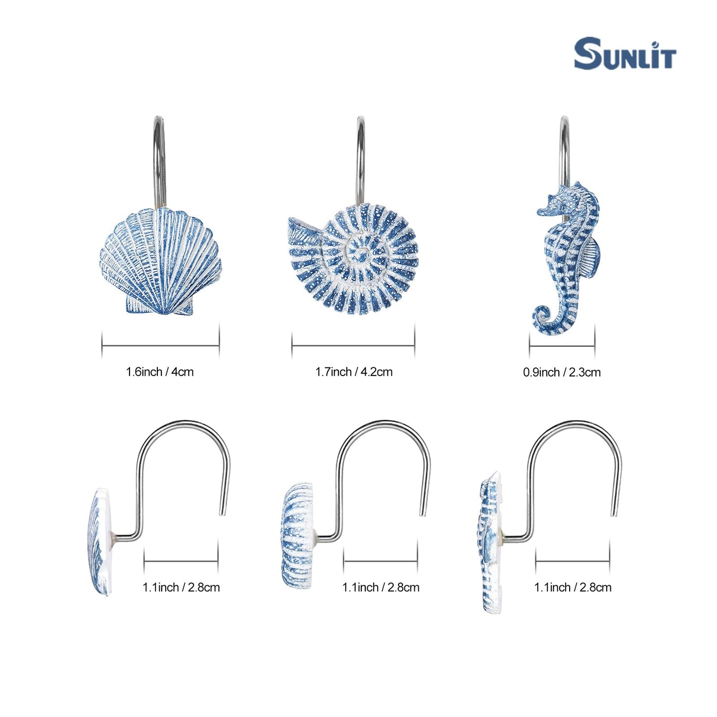 Sunlit Seashells Decorative Shower Curtain Hooks, Aqua Blue Ocean Creatures Coastal Shower Curtain Rings with Black Hooks, Resin, Nautical Bathroom Decoration Beach Shower Curtain Hooks, Set of 12