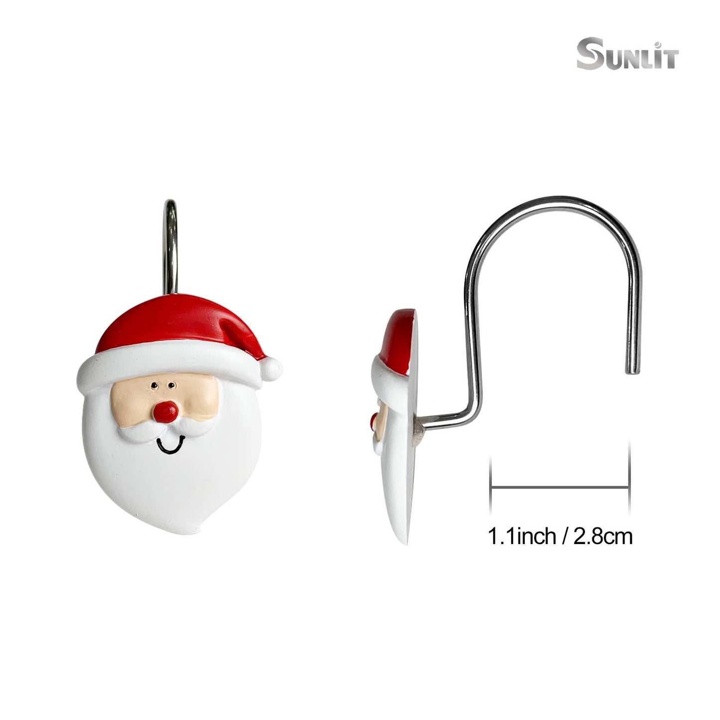 Sunlit Merry Christmas Shower Curtain Hooks Smiling Santa Claus Shower Curtain Rings, Resin, Christmas Decor, Winter Bathroom Decoration - 12 Pack
