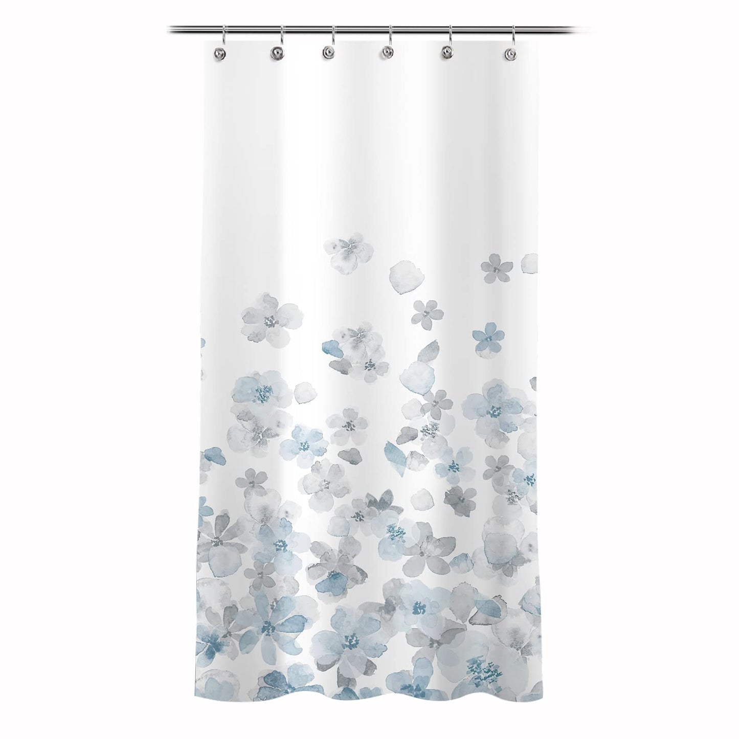 Sunlit Design Simple Style Blue and Gray Flower Blossoms Fabric Shower Curtains for Bathroom Decor with White Background, Machine Washable