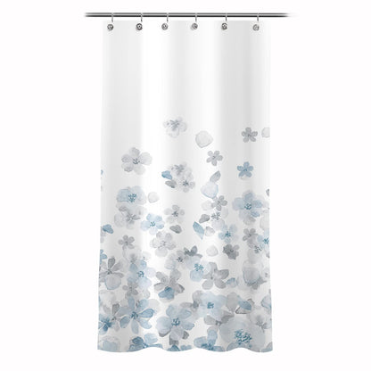 Sunlit Design Simple Style Blue and Gray Flower Blossoms Fabric Shower Curtains for Bathroom Decor with White Background, Machine Washable