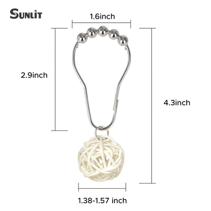 Sunlit Boho Decorative Rattan Balls Shower Curtain Hooks, Wicker Orbs Shower Curtain Rings for Bathroom, Farmhouse Shower Curtain Hangers Bathroom Accessories, Set of 12, Brown