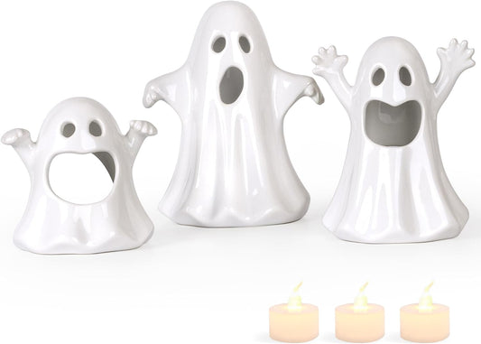 Sunlit Ceramic Ghost with 3 Tea Lights, Spooky Candle Holder Set of 3, Tabletop Indoor Halloween Decorations for Holiday Party Home, Spooky Sculptures Ghost Figurines, White