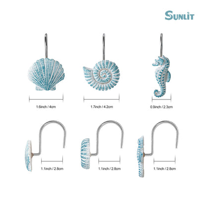 Sunlit Seashells Decorative Shower Curtain Hooks, Aqua Blue Ocean Creatures Coastal Shower Curtain Rings with Black Hooks, Resin, Nautical Bathroom Decoration Beach Shower Curtain Hooks, Set of 12