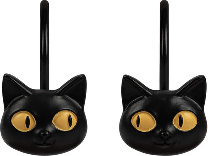 Sunlit Halloween Black Cat Shower Curtain Hooks, Home Decorative Shower Curtain Rings for Bathroom, Shower Curtain Hangers Bathroom Accessories, Set of 12, Classic Meows