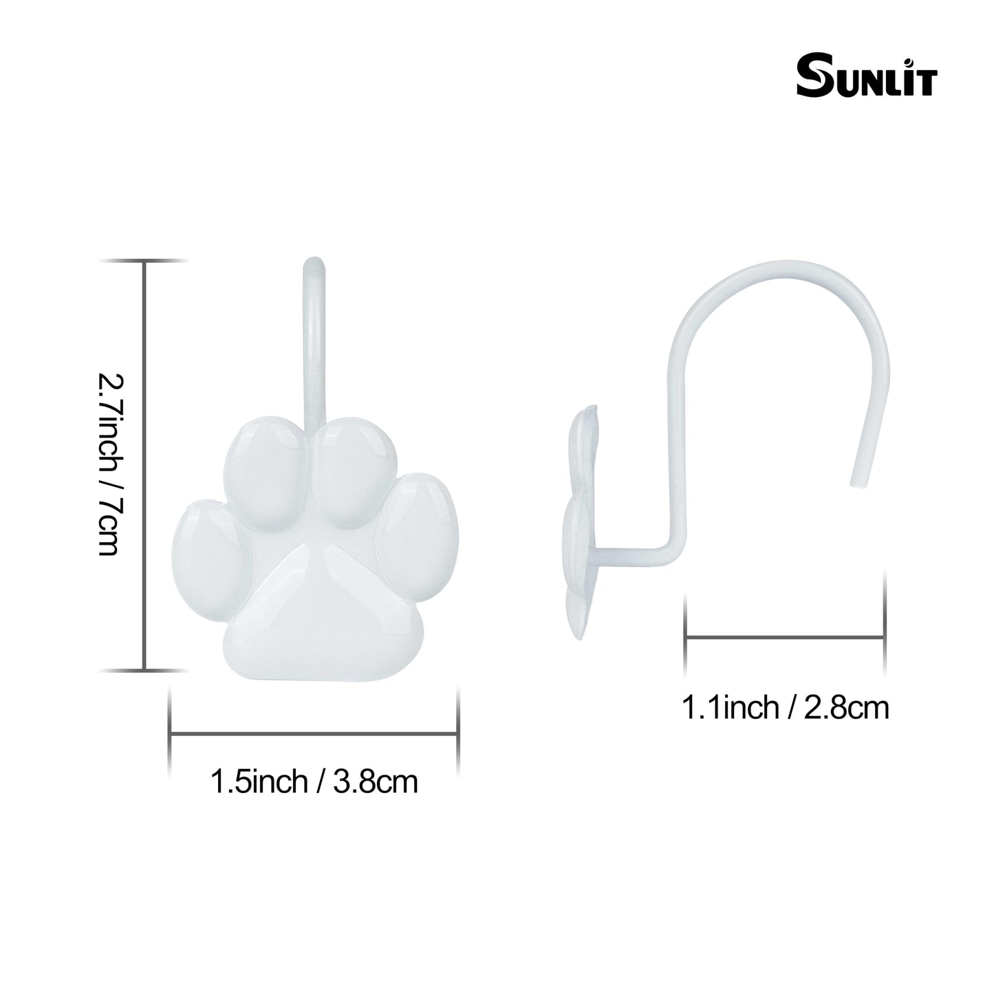 Sunlit Fashion Design Cute Paw Print Polished Double Shower Curtain Hooks for Dog Cat and Bear, Rust Proof Oil Rubbed Metal Shower Curtain Rings-12 Pack