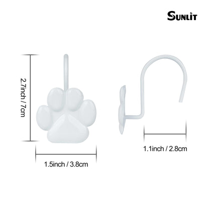 Sunlit Fashion Design Cute Paw Print Polished Double Shower Curtain Hooks for Dog Cat and Bear, Rust Proof Oil Rubbed Metal Shower Curtain Rings-12 Pack