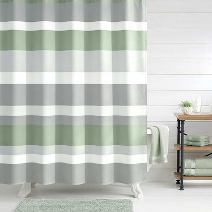 Sunlit Sage Green Gray Horizontal Stripes Water-Repellent Fabric Shower Curtain with Reinforced Metal Grommets Refreshing Striped Design Bathroom Decor, 72x72