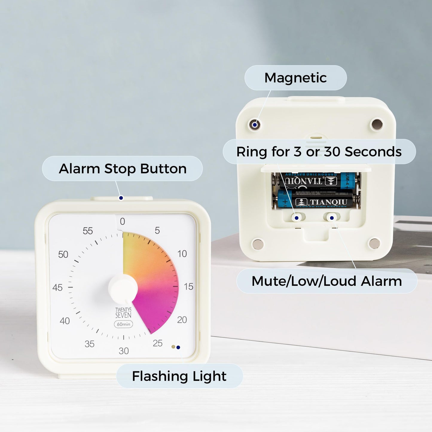 TWENTY5 SEVEN Countdown Timer, 60 Minute 1 Hour Silent Visual Timer, Magnetic Classroom Teaching Tool Office Meeting, Countdown Clock for Kids Time Management, Pastel Rainbow