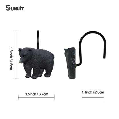 Sunlit Rustic Decorative Shower Curtain Hooks, Black Bear Shower Curtain Rings, Cabin Shower Curtain Hooks, Resin, Farmhouse Bathroom Decoration - 12 Pack