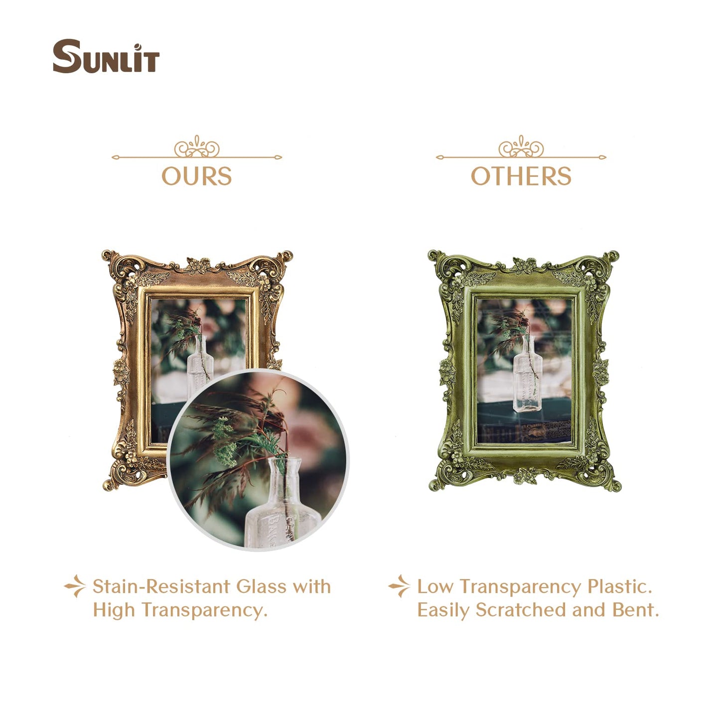 Sunlit Vintage Picture Frame 4x4 Inch, Luxury Antique Square Photo Frames with Glass Front, Photo Display, Tabletop Wall Hanging, Gift Ideas, Bronze Gold