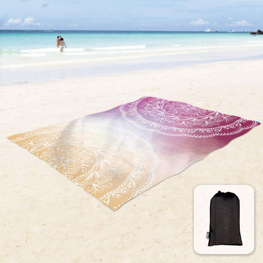 Sunlit Silky Soft Sand Proof Beach Blanket 106"x81" / 85"x72" Sand Proof Mat with Corner Pockets and Mesh Bag for Beach Party, Travel, Camping and Outdoor Music Festival, Mandala