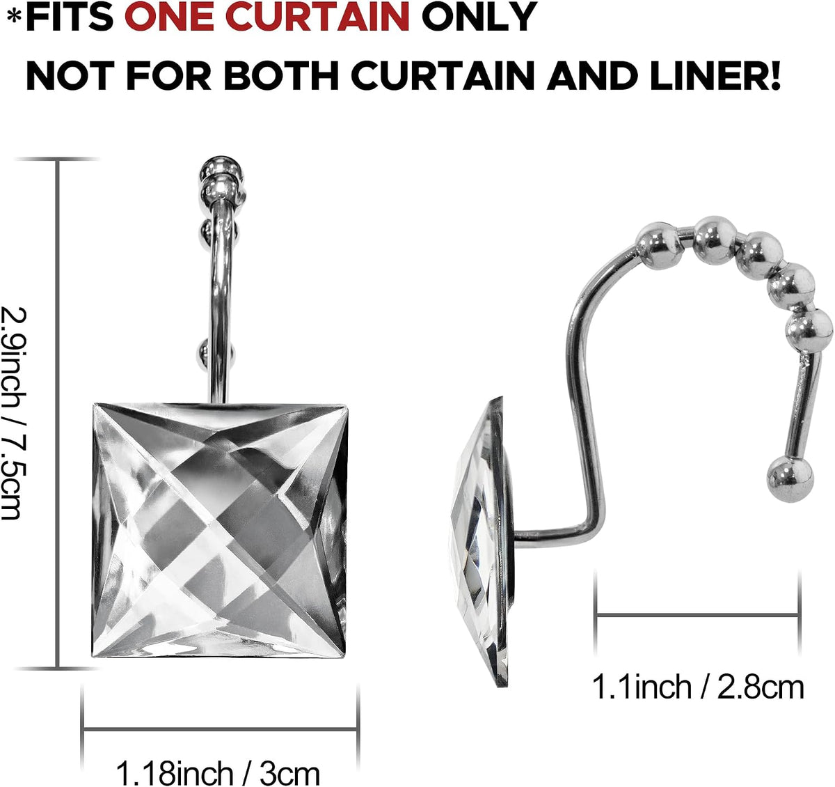 Sunlit Square Rhinestone Shower Curtain Hooks with Glide Balls, 12 Pack