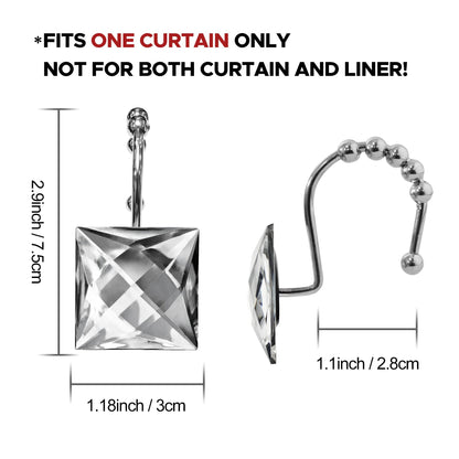Sunlit Luxury Design Square Red Diamond Crystal Gem Bling with Glide Balls Shower Curtain Hooks, Rust Proof Metal Rhinestones Glam Shower Curtain Rings-12 Pack