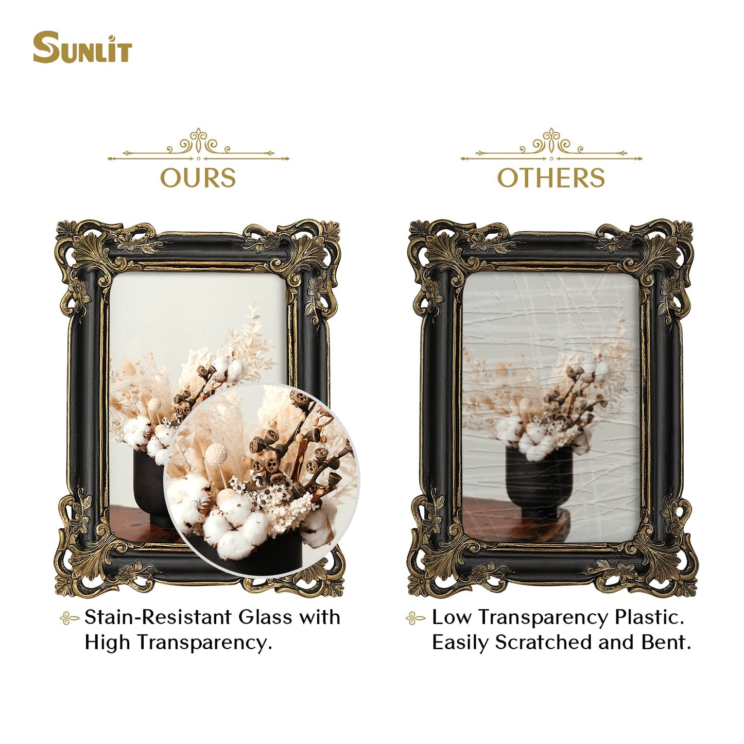 Sunlit Vintage Picture Frame 4x6 Inch, Luxury Antique Photo Frames with Glass Front, Photo Display, Tabletop Wall Hanging, Gift Ideas