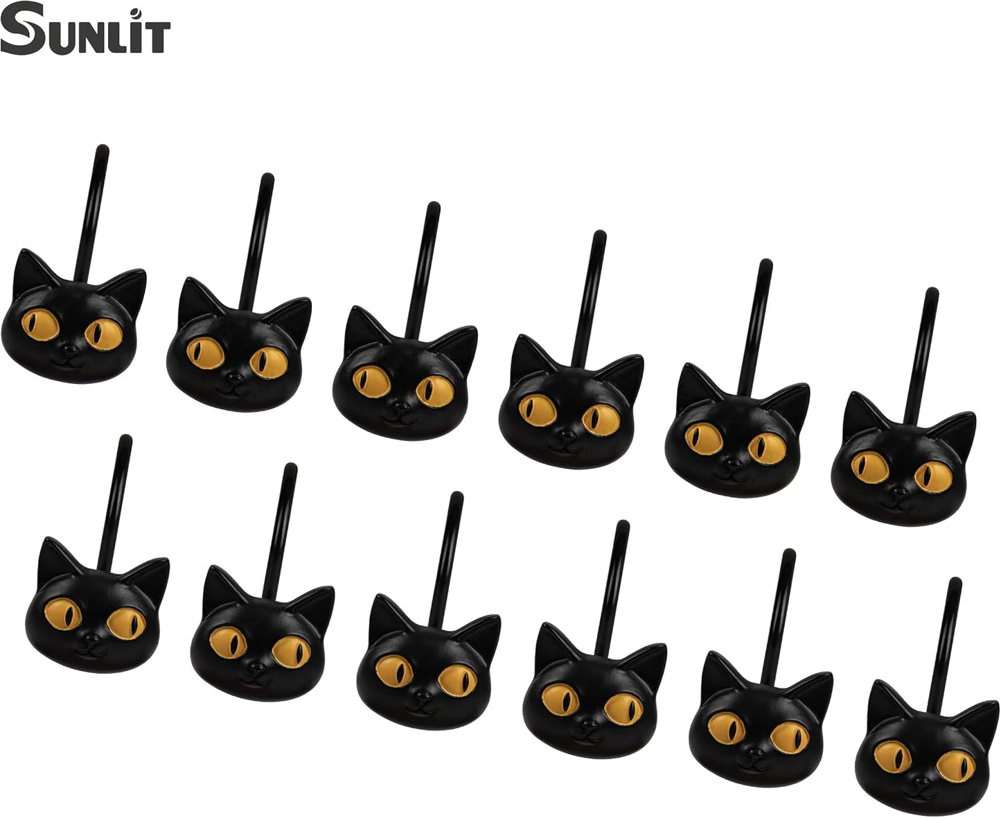 Sunlit Halloween Black Cat Shower Curtain Hooks, Home Decorative Shower Curtain Rings for Bathroom, Shower Curtain Hangers Bathroom Accessories, Set of 12, Classic Meows