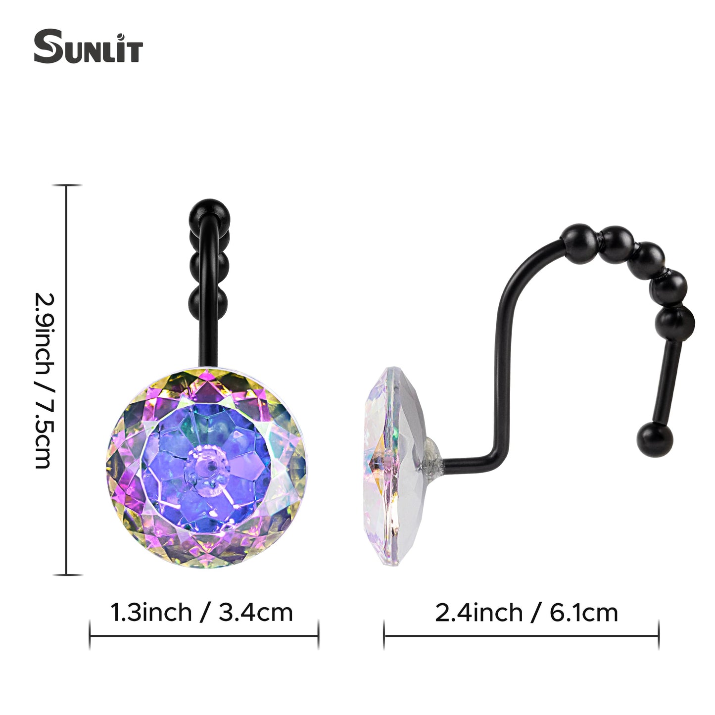 Sunlit Luxury Design Round Clear Diamond Crystal Gem Bling with Glide Balls Double Shower Curtain Hooks, Rust Proof Metal Rhinestones Glam Shower Curtain Rings-12 Pack