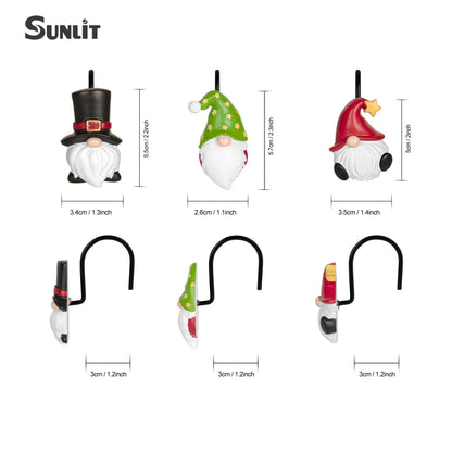 Sunlit Christmas Shower Curtain Hooks, Gnome Shower Curtain Rings, Hand Painted Resin Christmas Decor, Winter Bathroom Decoration, Red Hat with White Polka Dot, Set of 12