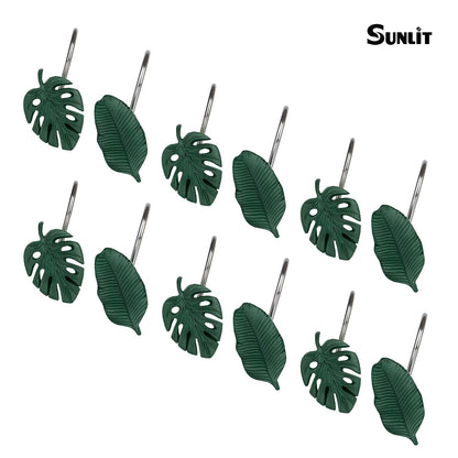 Tropical Leaf Decorative Shower Curtain Hooks, Green Botanical Shower Curtain Rings with Black Hooks, Resin, Monstera Deliciosa Leaves Shower Curtain Hangers for Bathroom, Set of 12