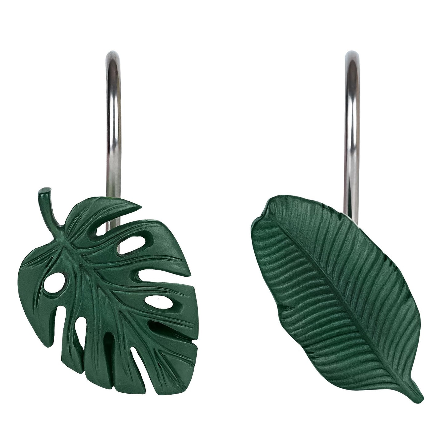 Tropical Leaf Decorative Shower Curtain Hooks Green Botanical Shower Curtain Rings, Resin, Monstera Deliciosa Leaves Shower Curtain Hangers for Bathroom, Set of 12