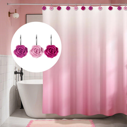 Sunlit Rose Shower Curtain Hooks, Home Decorative Flower Shower Curtain Rings for Bathroom, Resin, Pink Floral Shower Curtain Hanger Hooks for Living Room, Set of 12