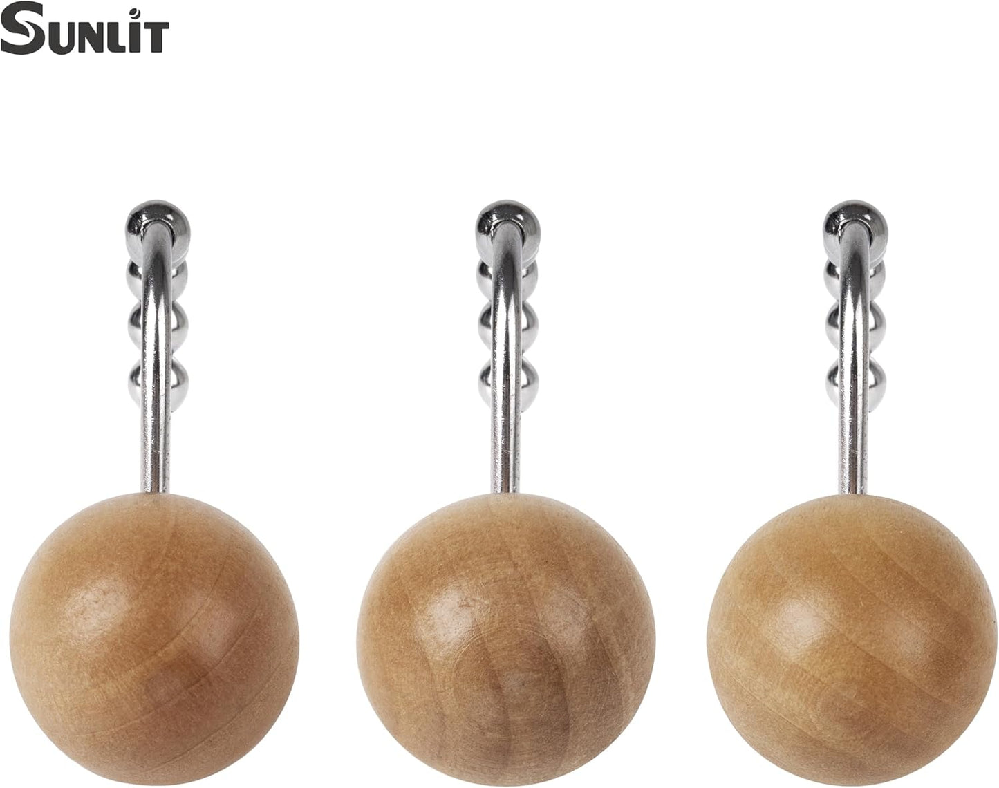 Sunlit Boho Wood Beads Decorative Shower Curtain Hooks, Shower Curtain Rings with Roller Balls, Farmhouse Bathroom Decoration Curtain Hangers Accessories, Set of 12, Natural