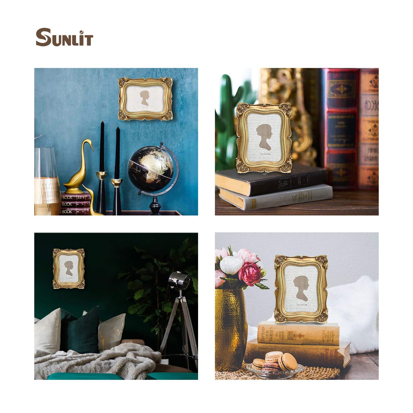 Sunlit Vintage Small Picture Frame 2.5x3.5 Inch, Antique Mini Polaroid Photo Frames with Glass Front, Luxury Wallet Size Picture Frames, Tiny Photo Frames Display Tabletop Wall Hanging Gift Ideas, Gold