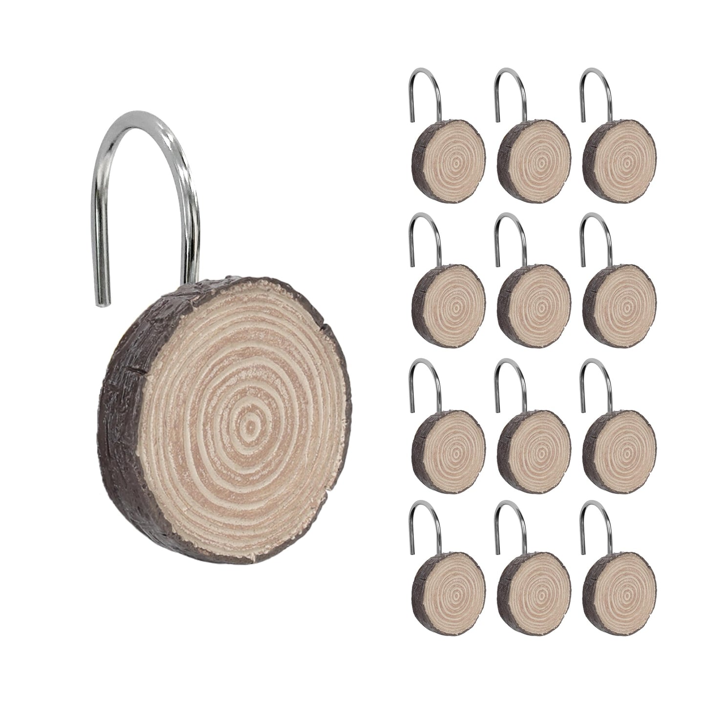 Sunlit Farmhouse Wooden Slices Shower Curtain Hooks, Rustic Home Decorative Shower Curtain Rings with Black Hooks for Bathroom, Resin Shower Curtain Hangers Bathroom Accessories, Set of 12