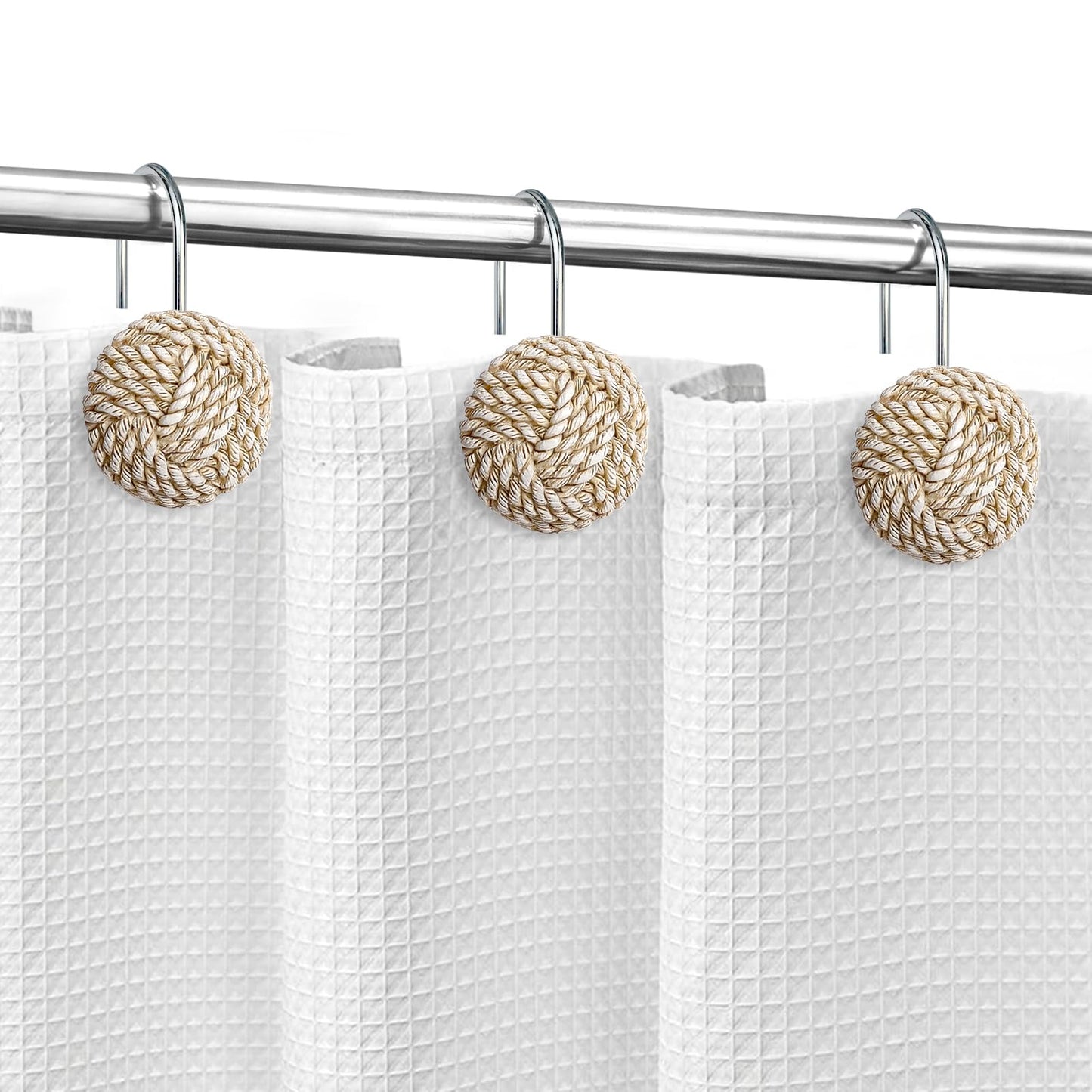 Sunlit Boho Knots Double Shower Curtain Hooks, Home Decorative White Shower Curtain Rings for Bathroom, Seaside Nautical Shower Curtain Hangers Bathroom Accessories, Set of 12