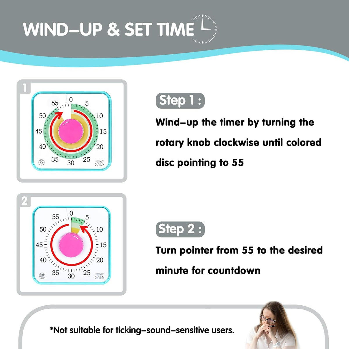 TWENTY5 SEVEN 6-Inch Visual Timer, Battery-Free 60-Minute Countdown Clock