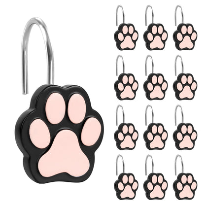 Sunlit Cute Paw Print Decorative Shower Curtain Hooks for Dog Cat Bear, Resin, Lovely Shower Curtain Rings for Kids, Bathroom Decoration Curtain, 12 Pack, Black and White