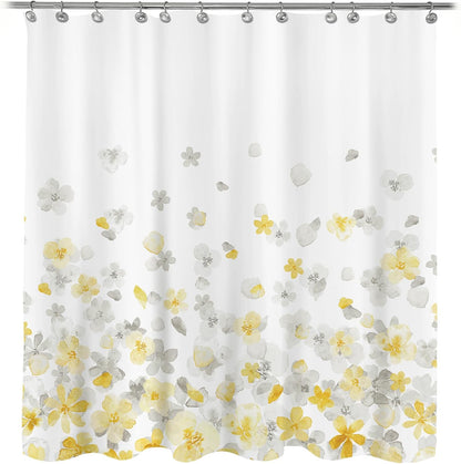 Sunlit Floral Fabric Shower Curtain, Design Simple Style Yellow and Gray Flower Blossoms Shower Curtains for Bathroom Decor with White Background, Machine Washable, 72x72