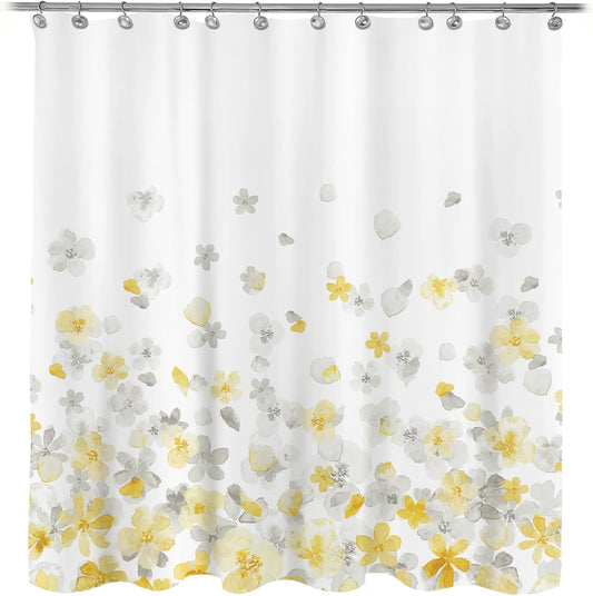 Sunlit Floral Fabric Shower Curtain, Design Simple Style Yellow and Gray Flower Blossoms Shower Curtains for Bathroom Decor with White Background, Machine Washable, 72x72