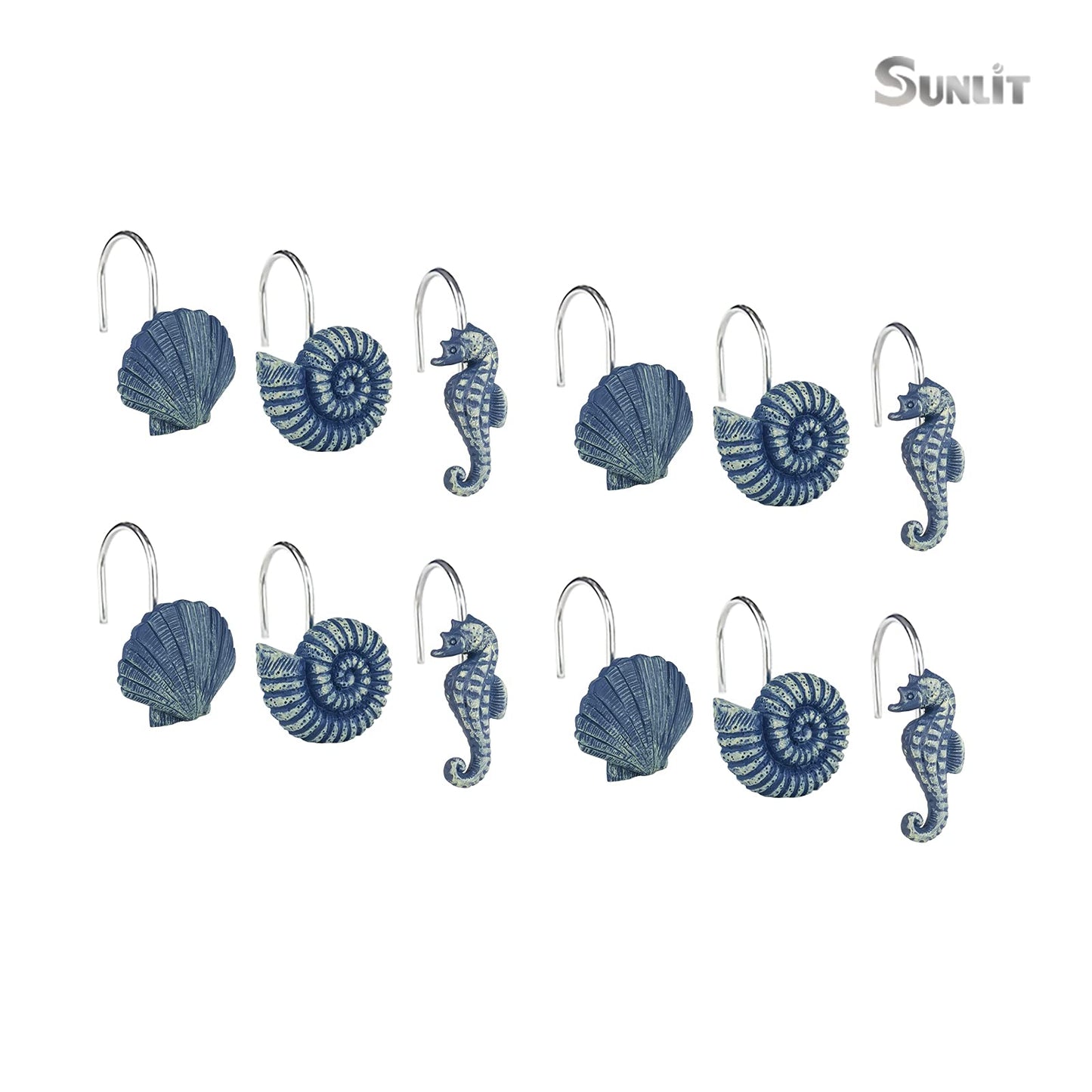 Sunlit Seashells Decorative Shower Curtain Hooks, Aqua Blue Ocean Creatures Coastal Shower Curtain Rings with Black Hooks, Resin, Nautical Bathroom Decoration Beach Shower Curtain Hooks, Set of 12