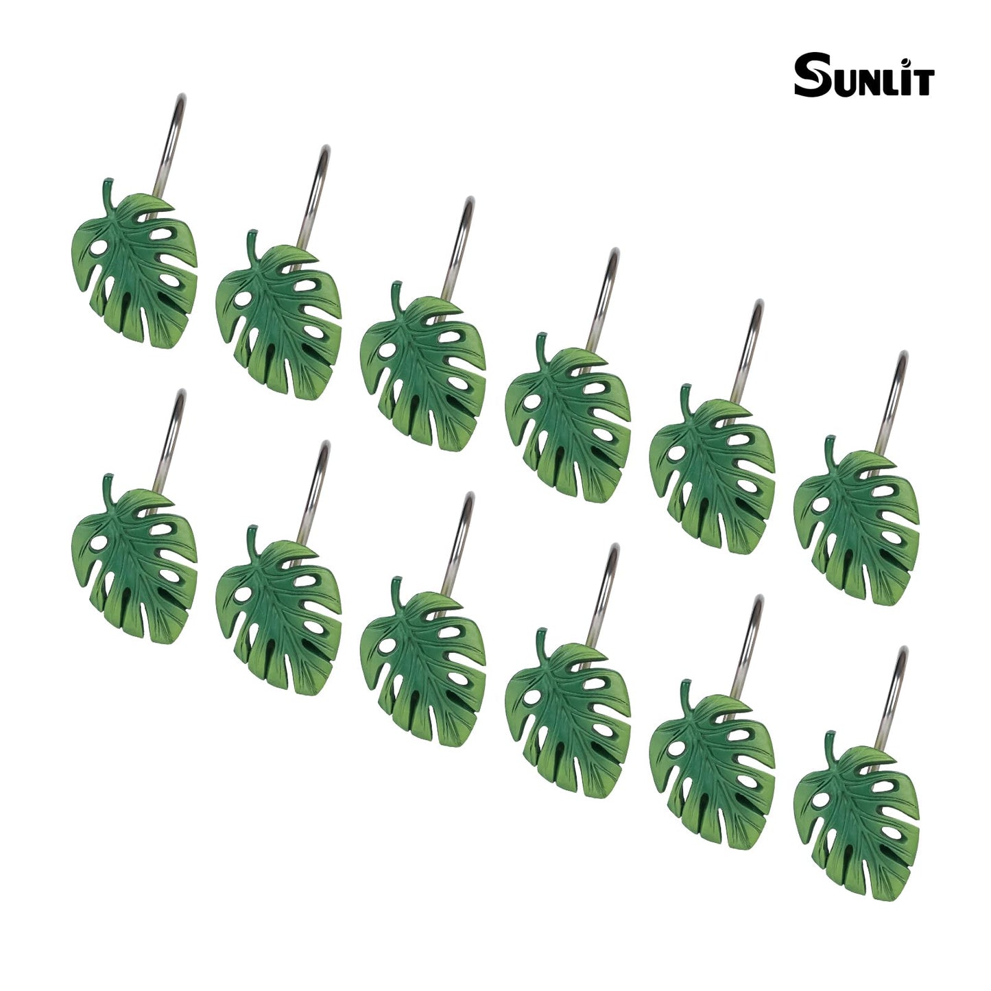 Tropical Leaf Decorative Shower Curtain Hooks, Green Botanical Shower Curtain Rings with Black Hooks, Resin, Monstera Deliciosa Leaves Shower Curtain Hangers for Bathroom, Set of 12