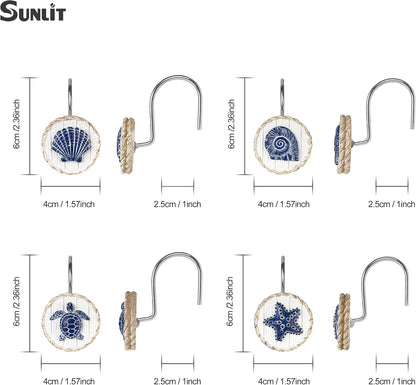 Sunlit Ocean Decorative Shower Curtain Hooks, Sea Turtle Spiral Shell Starfish Conch Shower Curtain Rings, Resin, Nautical Farmhouse Bathroom Decoration Beach Shower Curtain Hooks-12 Pack, Navy