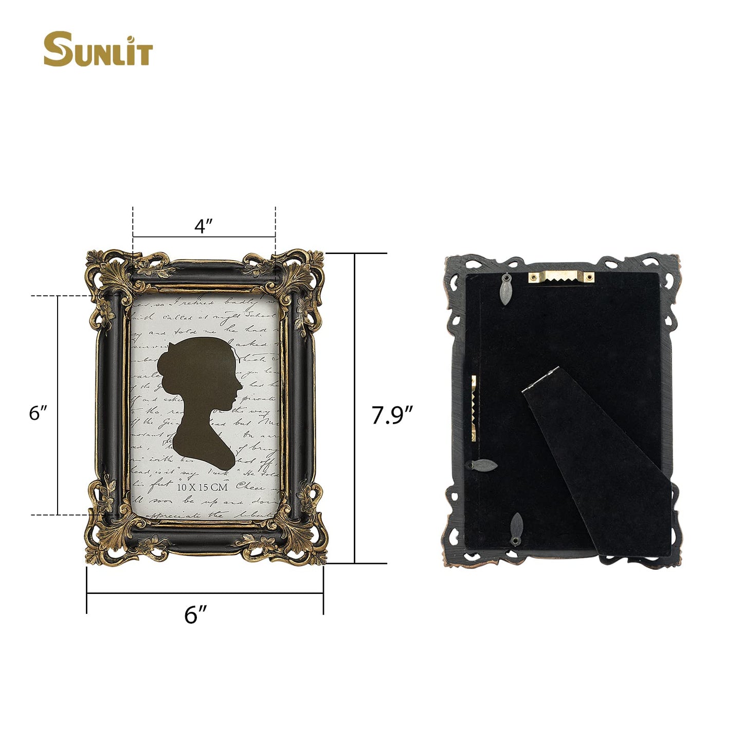 Sunlit Vintage Picture Frame 4x6 Inch, Luxury Antique Photo Frames with Glass Front, Photo Display, Tabletop Wall Hanging, Gift Ideas