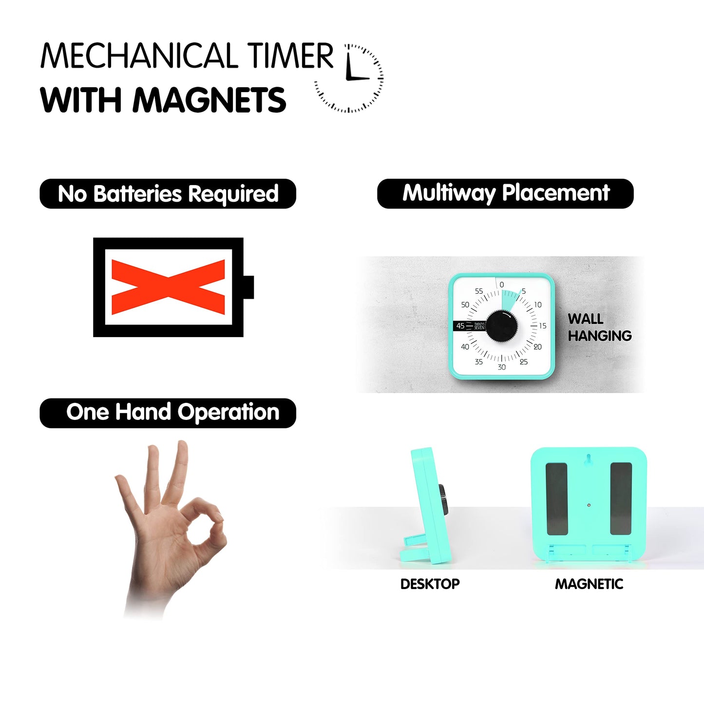 TWENTY5 SEVEN Countdown Timer 7.5 inch; 60 Minute 1 Hour Visual Timer – Classroom Teaching Tool Office Meeting, Mechanical Countdown Clock for Kids Exam Time Management Magnetic, Sky Blue