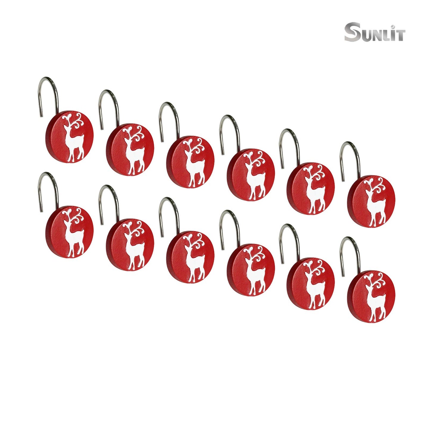 Sunlit Merry Christmas Shower Curtain Hooks White Reindeer Red Shower Curtain Rings, Resin, Winter Bathroom Decoration - 12 Pack
