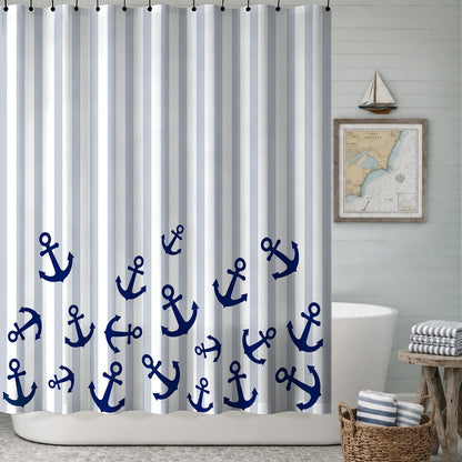 Sunlit Nautical Fabric Shower Curtain, Navy Blue Anchor with Gray Stripes Shower Curtains, Nautical Ocean Bathroom Decoration Curtains