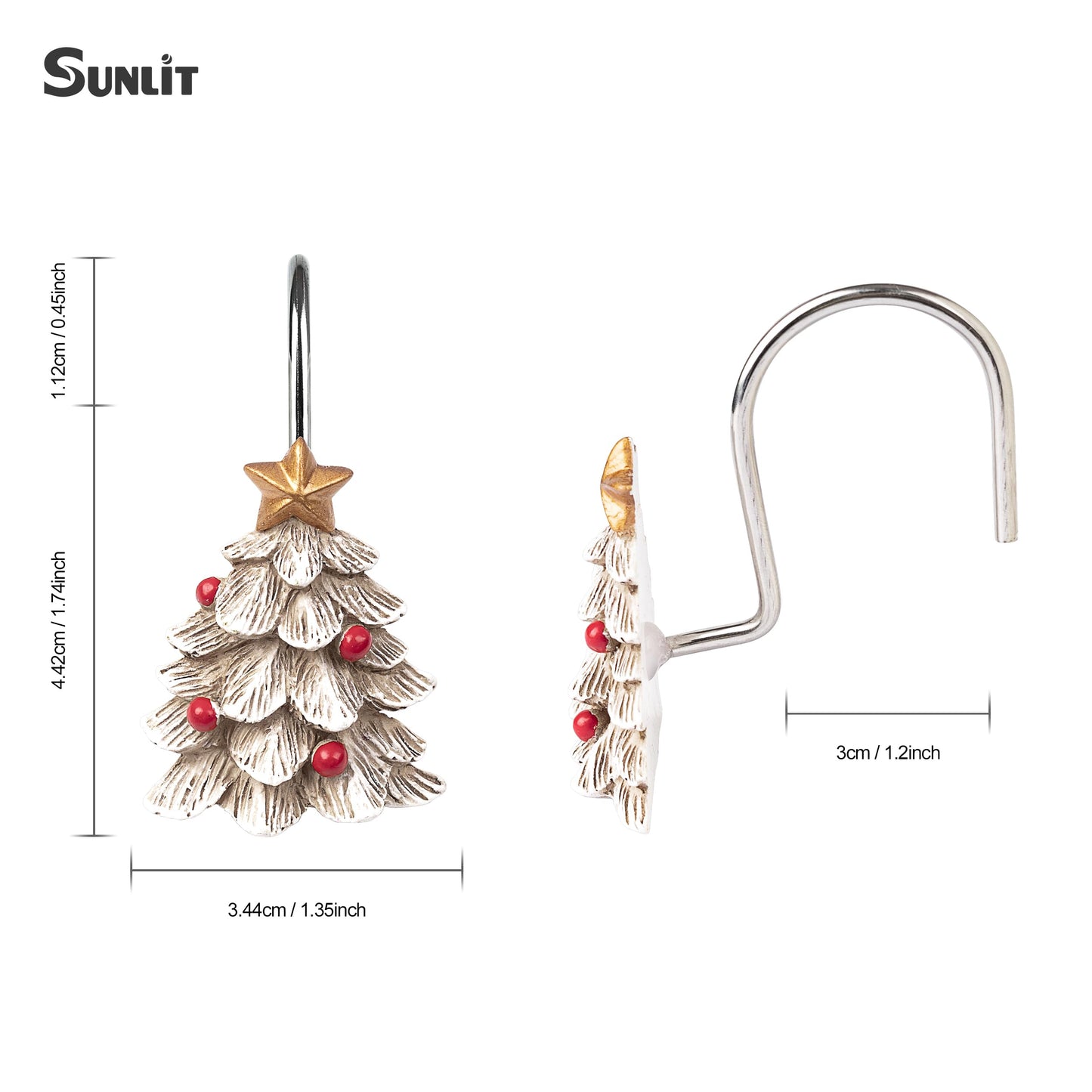 Sunlit Christmas Tree Decorative Shower Curtain Hooks with Star, Green Shower Curtain Rings, Resin, Xmas Theme Winter Holiday Bathroom Decoration, Set of 12