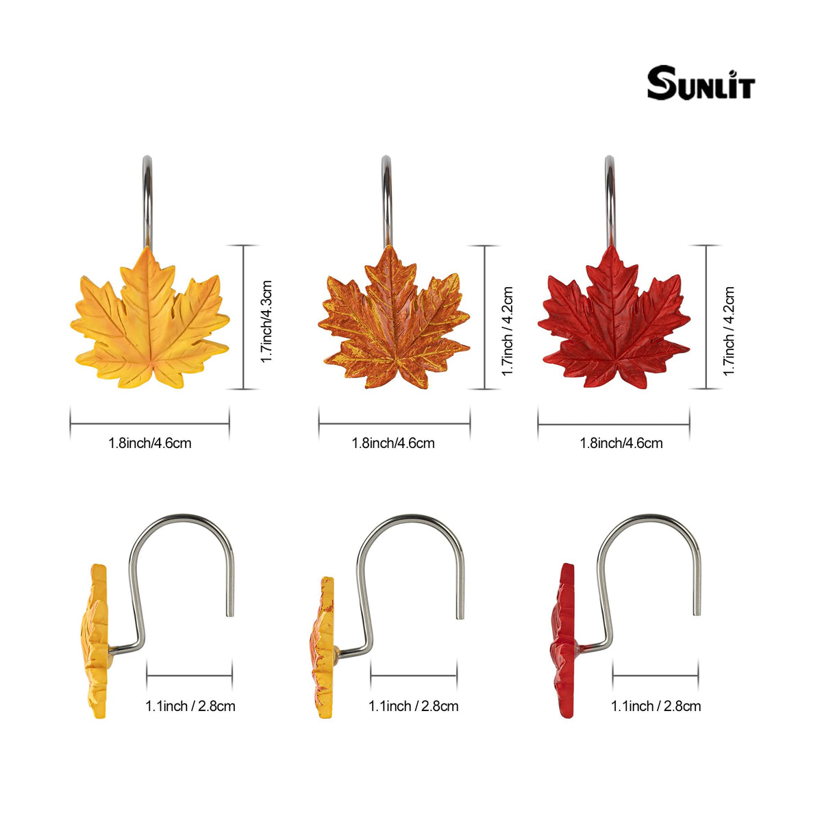 Sunlit Fall Autumn Decorative Shower Curtain Hooks, Pumpkin Maple Leaf Squirrel Acorn Shower Curtain Rings with Black Hooks, Resin, Orange Leaves Cute Bathroom Curtain Hangers Decoration, Set of 12